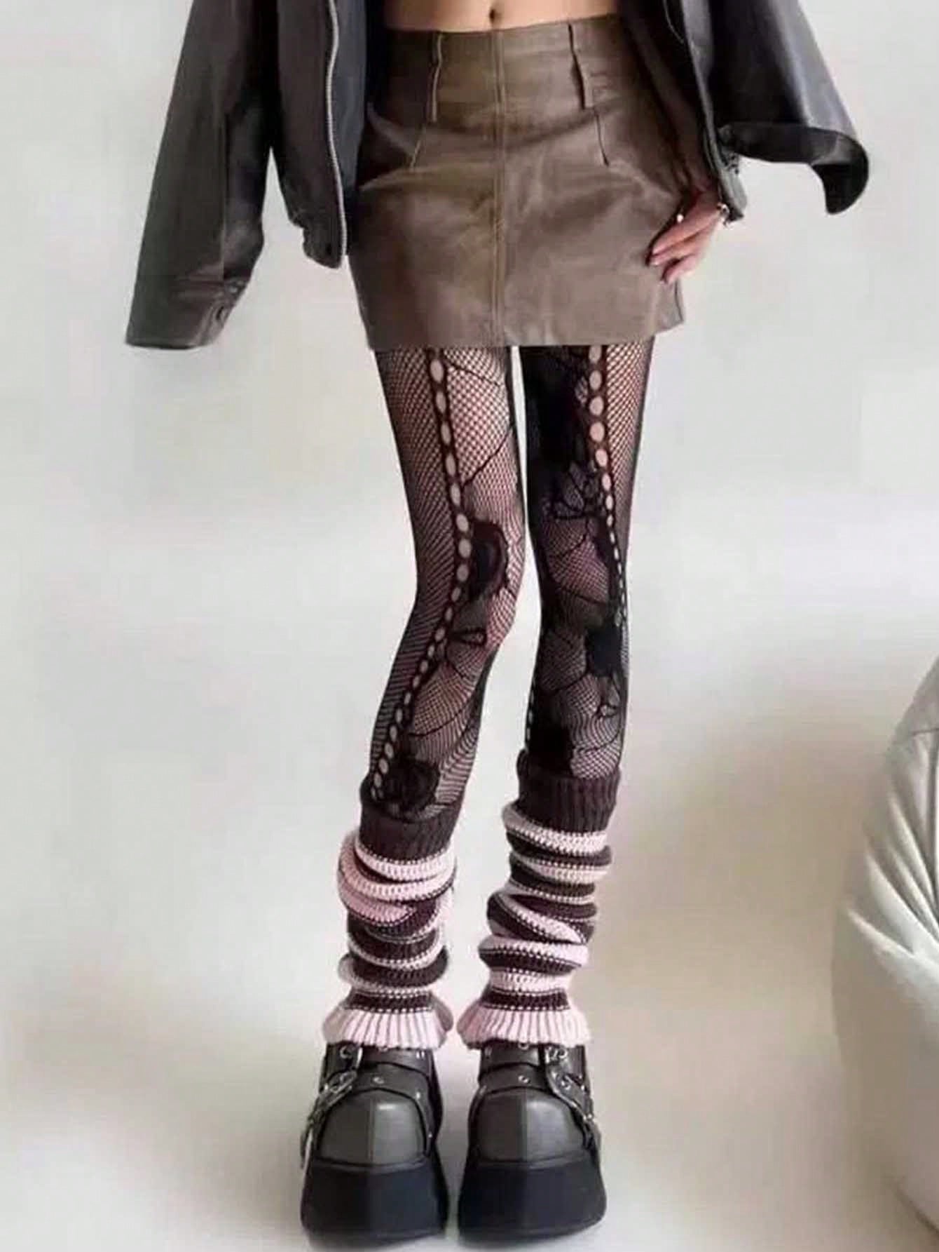 

A pair of retro and sexy jumpsuit with rose hollow mesh socks, slimming Shibuya spicy style black silk stockings One Size