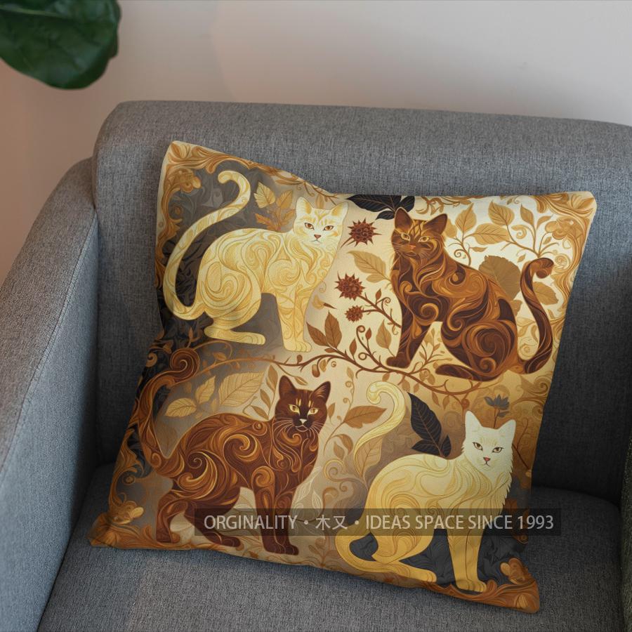 2D Four Cats In Art Nouveau Style Throw Pillow Pattern Cushion Cover Suitable For Sofa Bedroom Car Pillow Cover