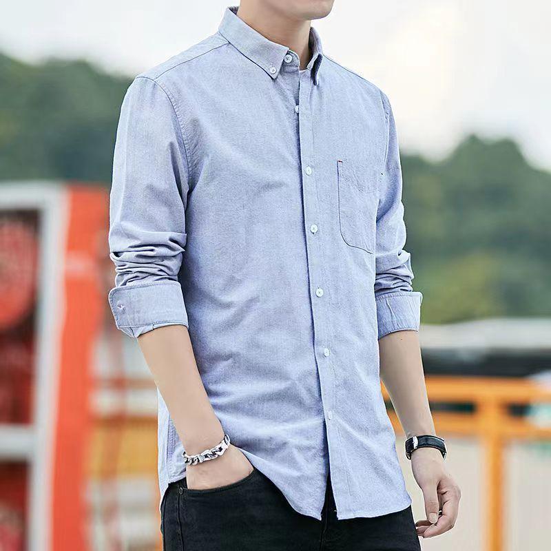 Men Pure Cotton Solid Oxford Long Sleeve Slim Fit Business Casual Shirt