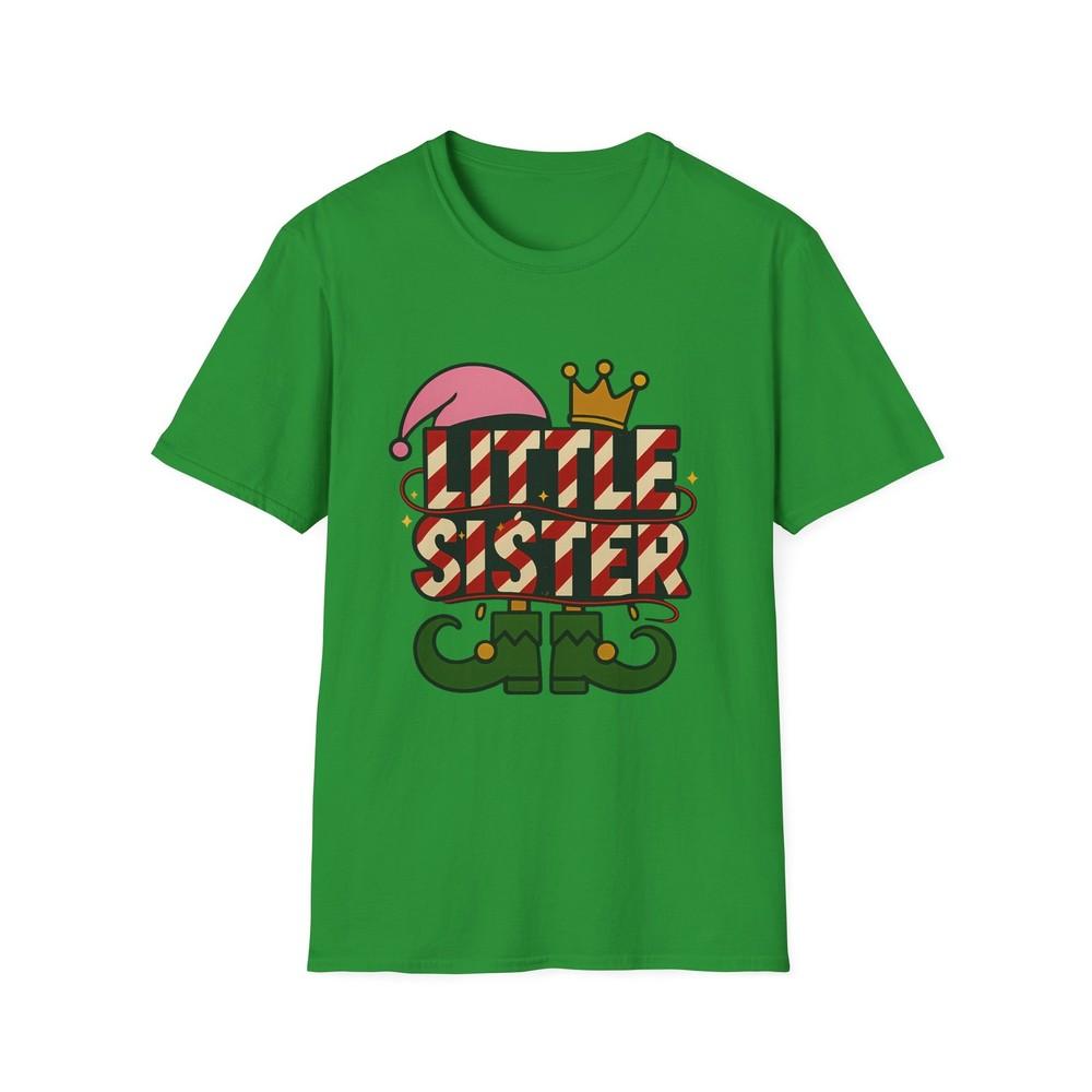 

Unisex Softstyle T-Shirt Little Sister Elf Candy Cane Crown Christmas Holiday XL
