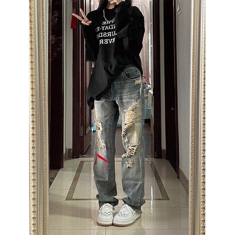 Damen High-Waist Retro Slimming Ripped Straight Leg Jeans