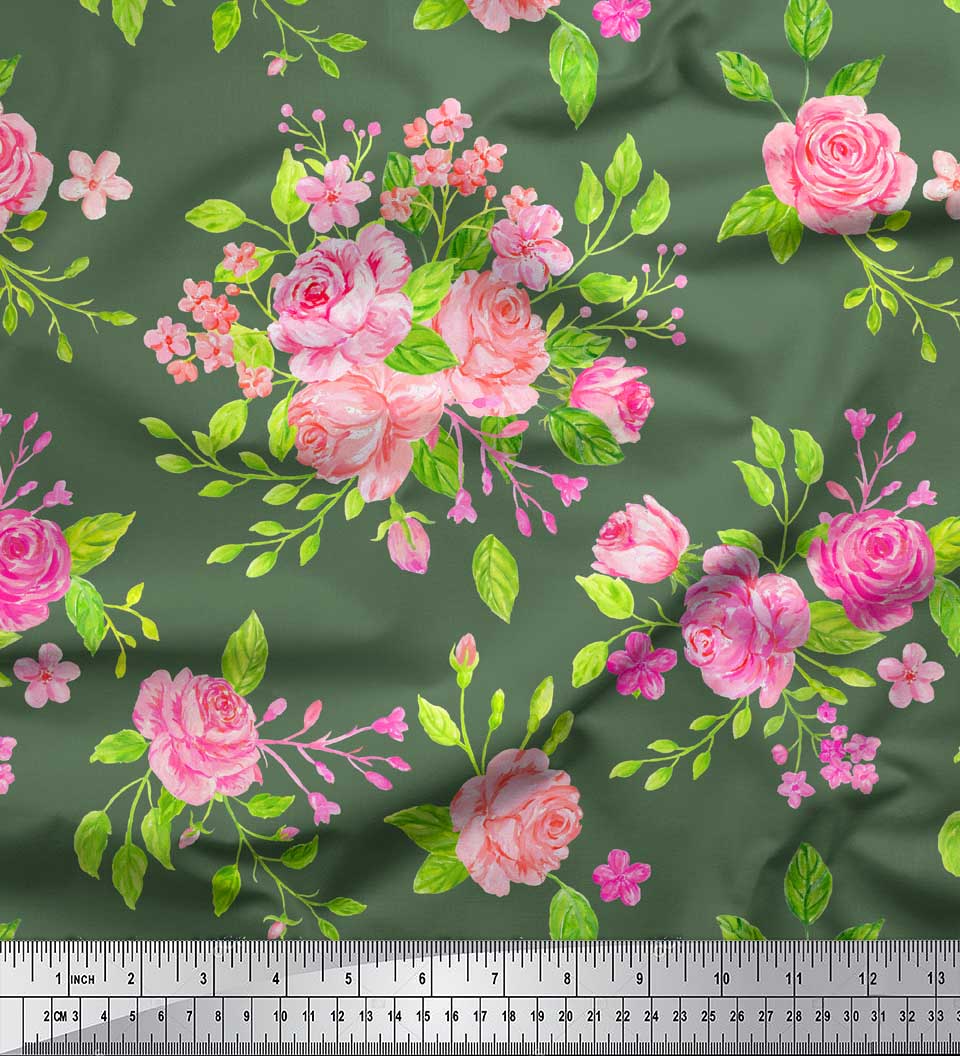 

Тканина Soimoi Red Japan Crepe Satin Тканина з трояндами з квітковим принтом на метри 42 дюйми 42 Inch Wide - Poly Crepe зелений