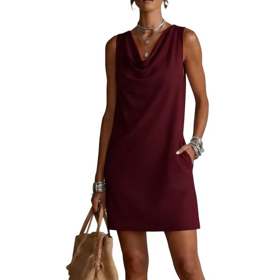 Women s Summer Sleeveless Dress Cowl Neck Mini Tank Dress Casual Travel Vacation Sundress with Pockets XL вино красного