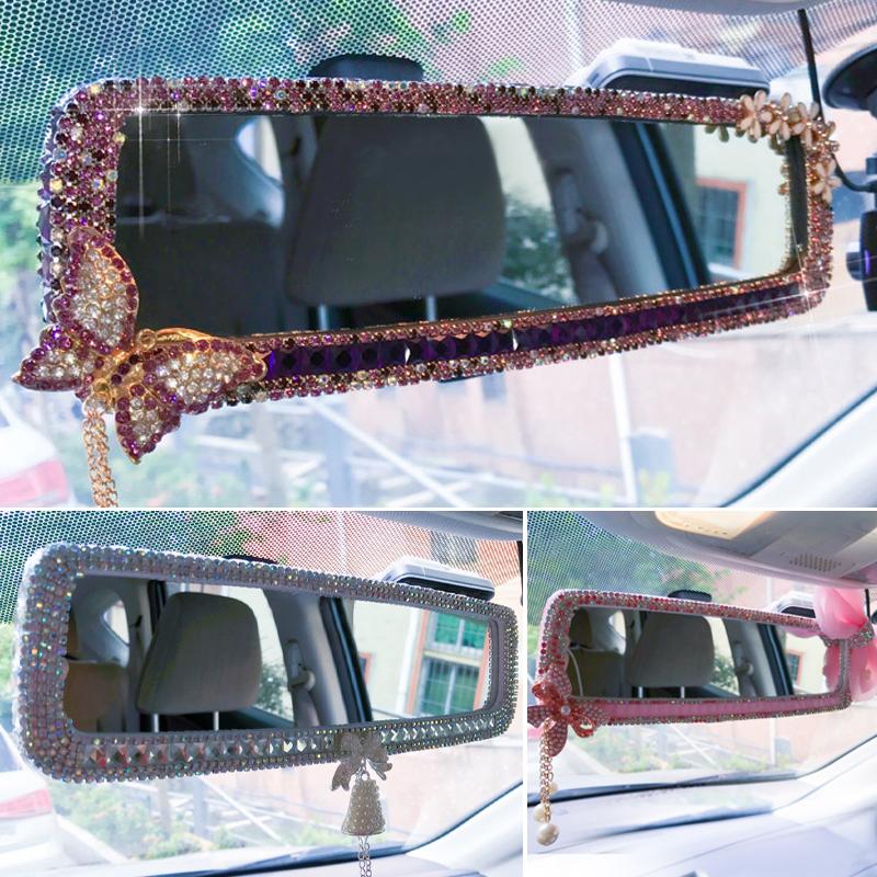 Pink Rhinestone Car Interior Rearview Mirror Cute Butterfly Wind Chimes Ornament Decorative Cover Rear Mirror Accessories Women