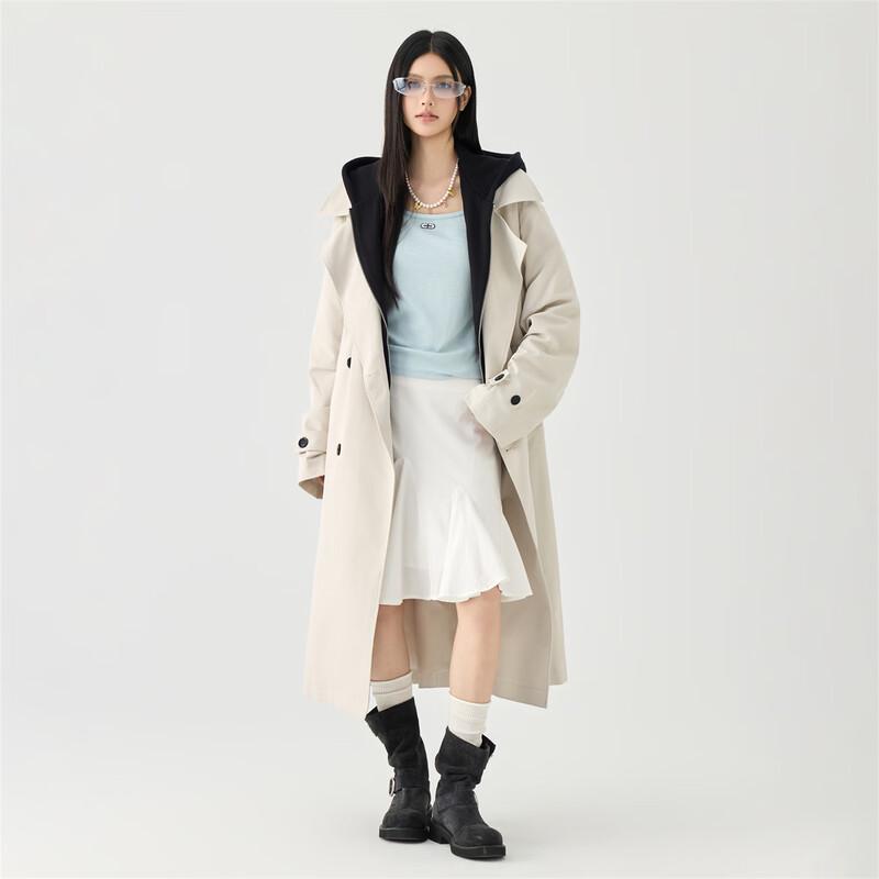 GOLFCROSS Unisex Faux Two-Piece Hooded Long Trench Coat