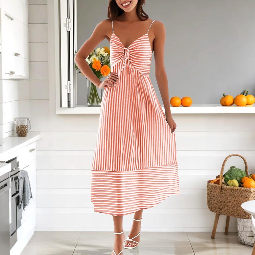 Women's Summer Fashion Casual V-neck Striped Suspender Dress