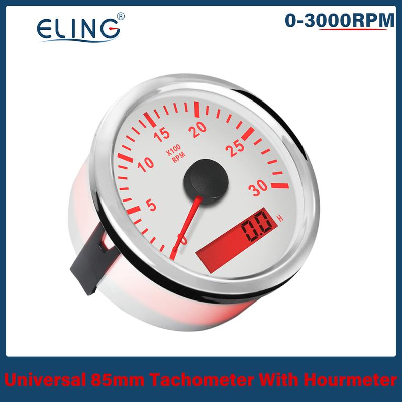 ELING 85mm Newest 3K 4K 6K 7K 8K RPM Tacho Tachometer Gauge REV Counter with Hour Meter Red Backlight for Ship Truck 12V 24V