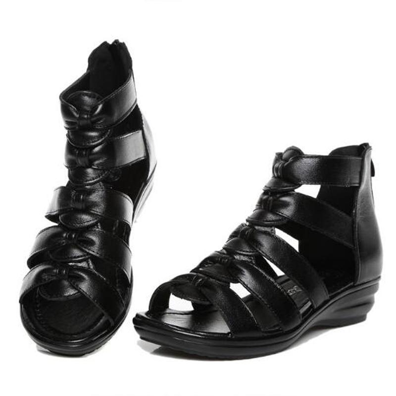 Summer Roman Genuine Leather Sandals Wedge Open Toe Fish Mouth Sandals Large Size Sandalias Mujer Verano Femmes Été C994