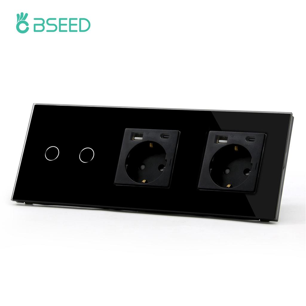 BSEED Touch Sensor Switch 1/2/3Gang 1Way Wall Light Switches Crystal Glass Switch With Double Power Sockets EU Standard