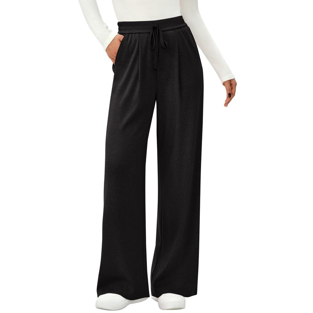 Fashion Women's Elastic High Waist Knitted Casual Wide Leg Pants With Pockets