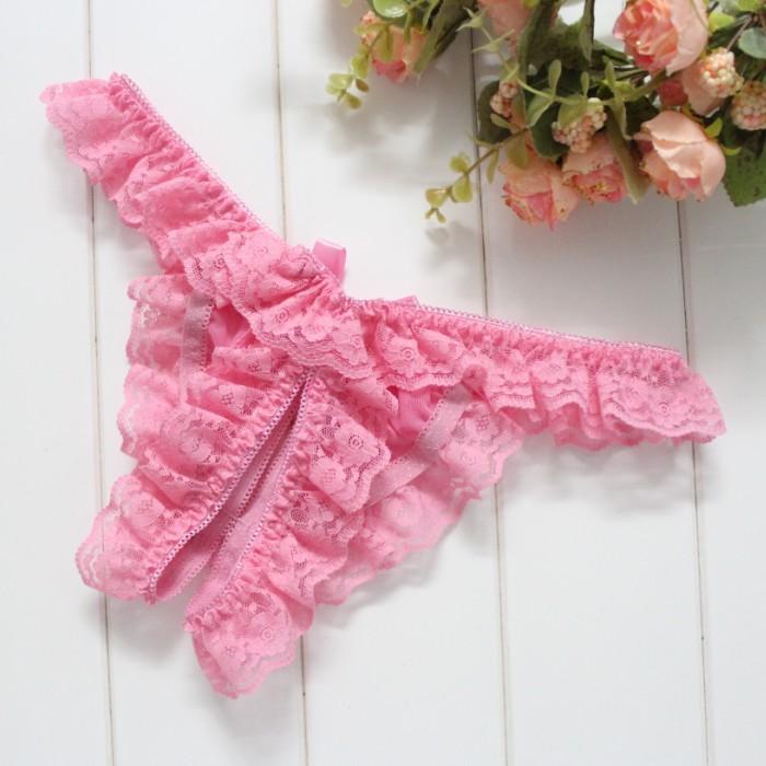 Lace Solid Crotchless Lingeries for Woman Sexy See Through Pink Girl's Briefs Tempting Bikini Underwear Ropa Interior Sexi