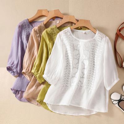 Women Shirt O-neck Half Sleeve Loose Fit Blouse Solid Color Embroidery Lace Floral Pattern Retro Shirt Streetwear