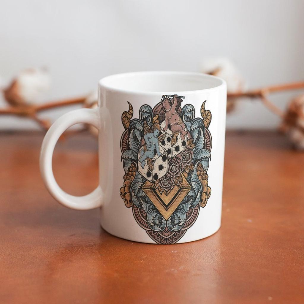 11oz White Ceramic Cup with Smooth Surface and Printed Sides, Heat-Resistant for Everyday Tea, Cocoa and Coffee Break