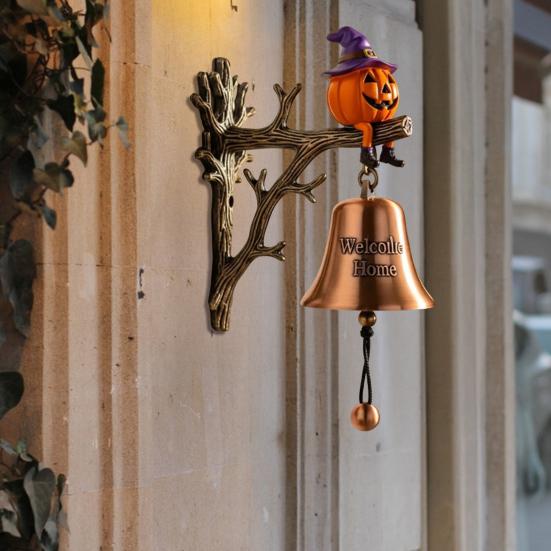 Halloween Witchy Pumpkin Welcome Bell Spooky Cartoon Witch Hat Pumpkin Metal Door Bell Home Office Entrance Wall Decorative Bell