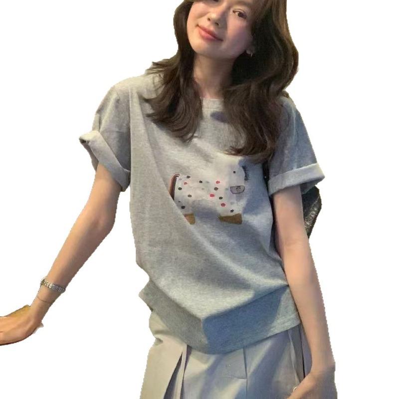 Cartoon Pony Print Short-sleeved T-shirt - Relaxed Style Loose Top