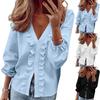 Modisches Damen Color V-Ausschnitt Langarm Plissiert Knopf Locker Lässiges Hemd Top