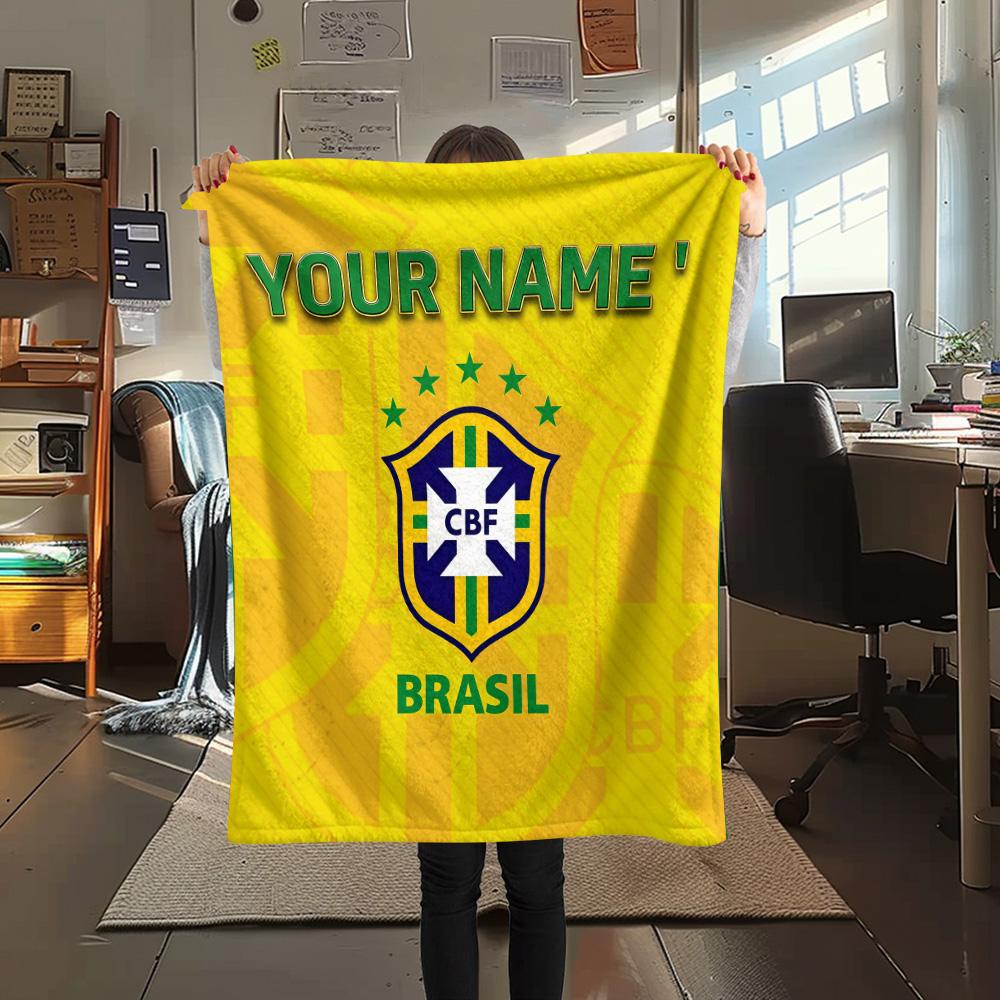 Custom Name Brazil Football Confederation Flannel Blanket, High quality Comfortable for All Seasons, Home Decor, Warmth and Comfort