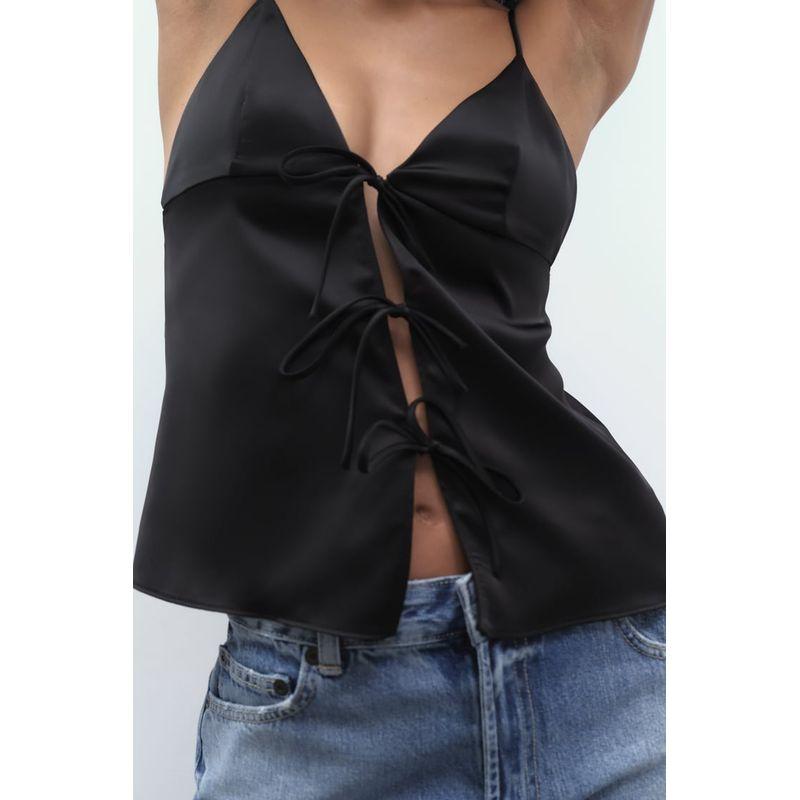 Spring New Arrival Pure Desire Style All-Matching Sexy Strappy Bow Silk Satin Texture Tops 2170331
