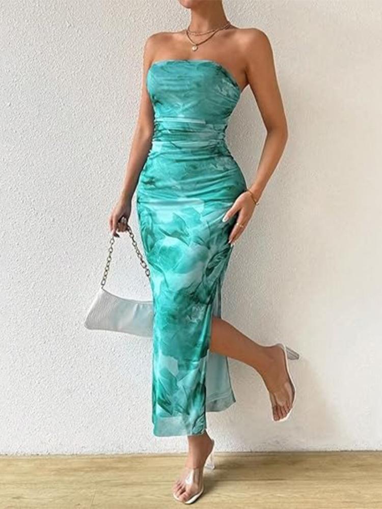 Ladies' Summer Slim Fit Dress Fashionable and Sexy Strapless Dress Sleeveless Printed Dress