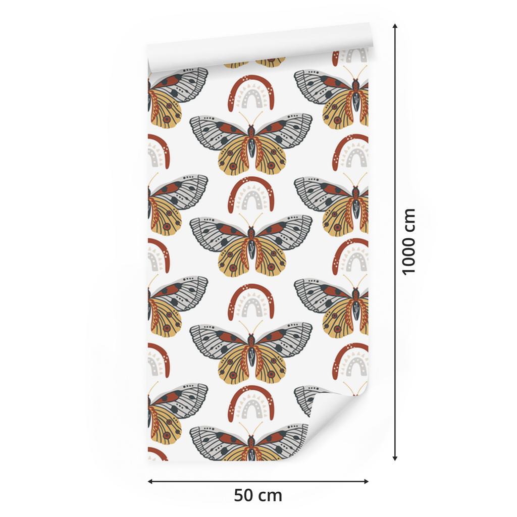 Rainbows and Butterflies Boho Wallpaper, White and Gray, for Living Room and Bedroom, 50x1000
