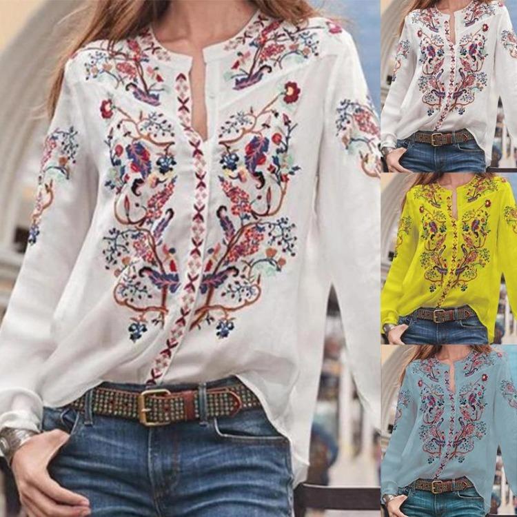 Casual Floral V Neck Long Sleeve Blouse Loose Top Tee Shirt for Women