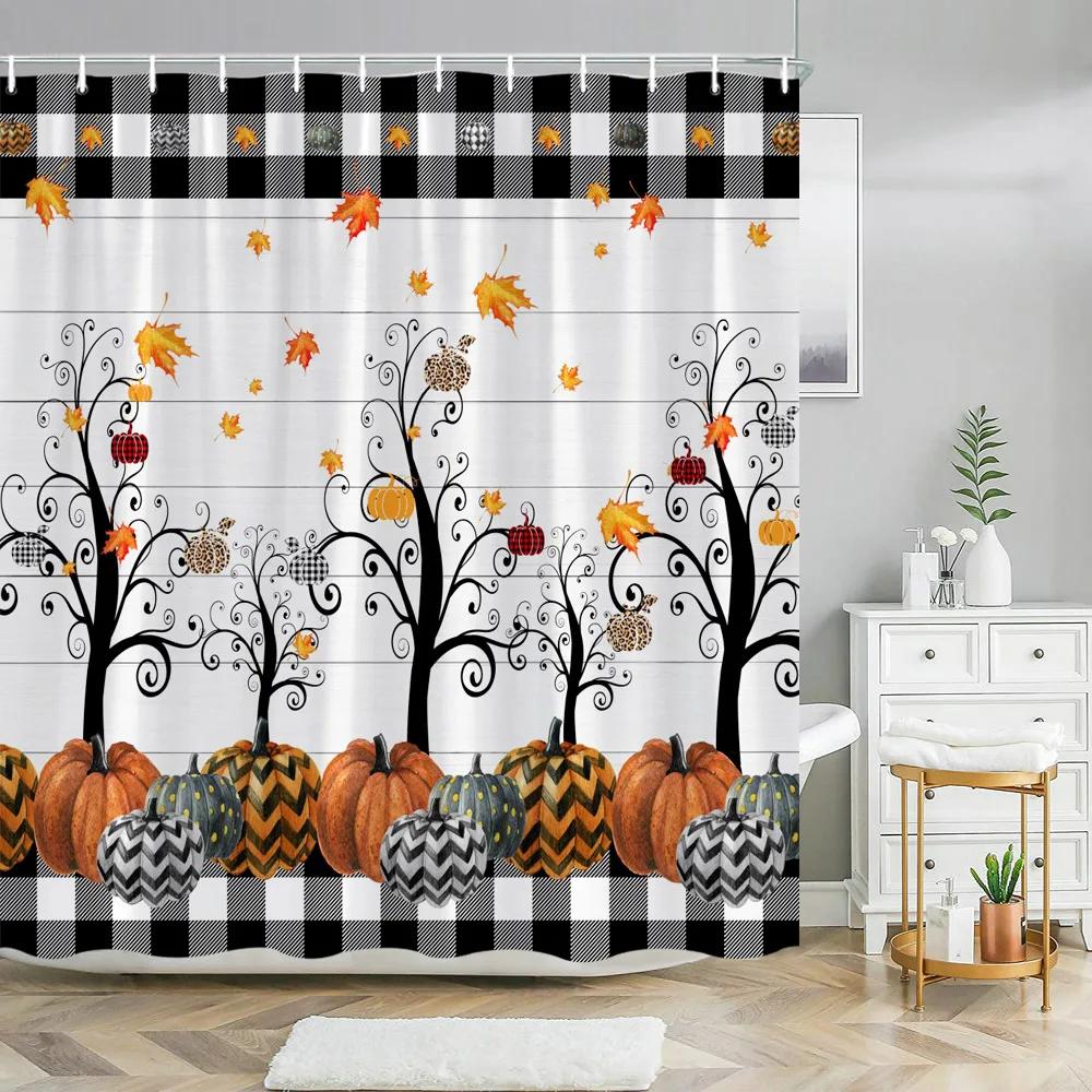 Fall Maple Shower Curtain Thanksgiving Harvest Pumpkin Orange Autumn Maple Leaves Sunflowers Fabric Bathroom Decor Bath Curtains