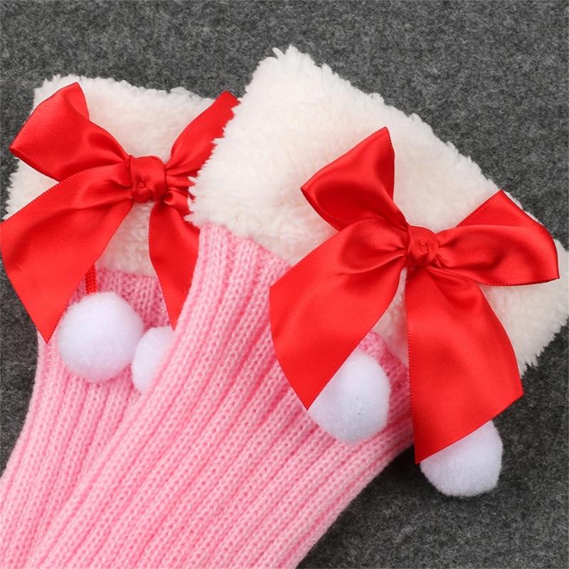 Christmas Fleece Trim Warm Leg Warmers Sweet Plush Balls Bows Knitted Boot Covers Festival Footless Socks for Women
