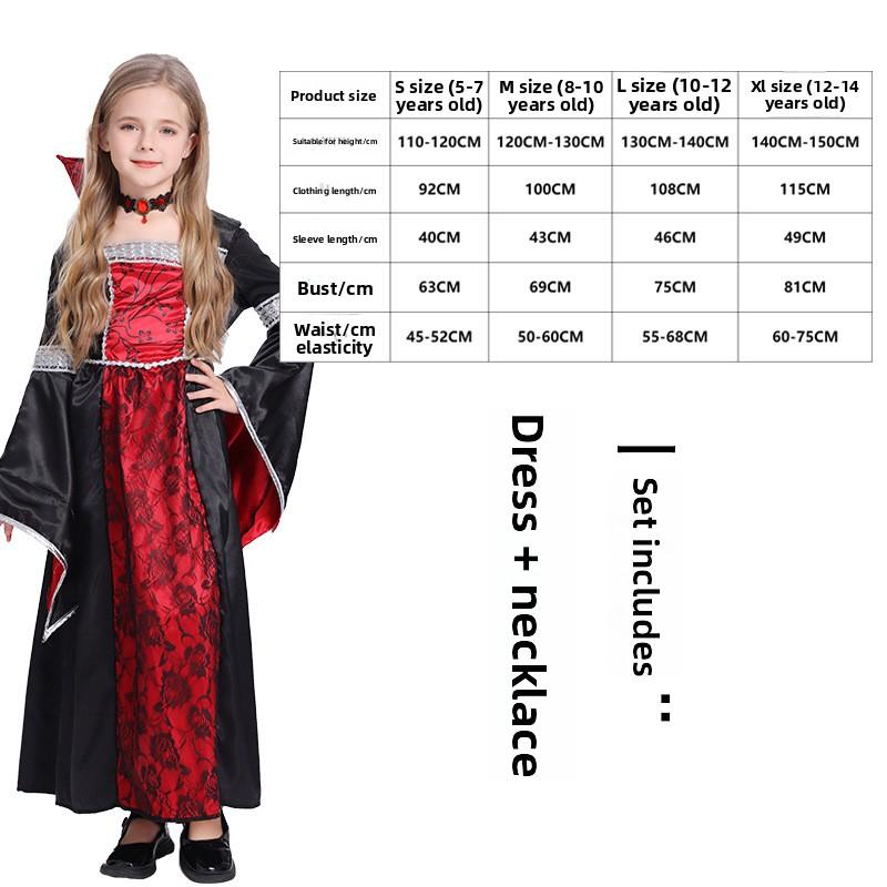 Luxury Vampire Costume For Halloween Party Children Stand Collar Witch Cosplay Girls Performance Role Play Dress Black Red