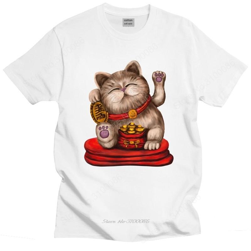 Kawaii Unisex Cute Unisexeki Neko T Shirt Short Sleeved Cotton Graphic Tshirt Leisure Tshirt Lucky Fortune Cat Tee Loose Fit Clothing