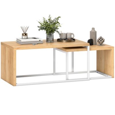 Set of 2 Coffee Tables Modern Nesting Table Metal Frame for Living Room 90x48x42 Cm and 59x42x36 Cm Natural and White