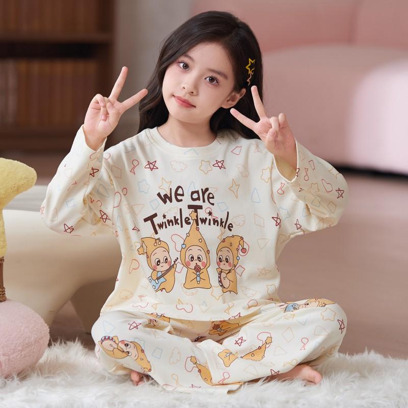 Girls Cotton Pajama Set Long Sleeve Round Neck Cartoon Print Sleepwear Kids Teens Home Wear