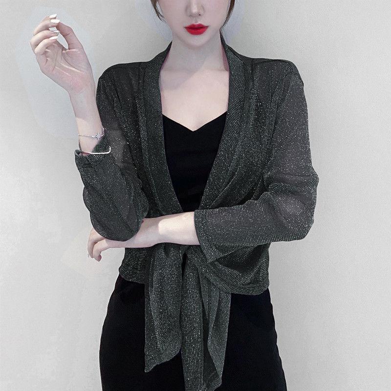 1 PC langärmliges Nylon-Spitzenrohr, lockerer dünner Schal außerhalb des Damen-Sonnenschutzhemds, Sommer-Kurzjackenoberteile, perlmuttfarbene Eisseiden-Cardigan-Spitzenmäntel