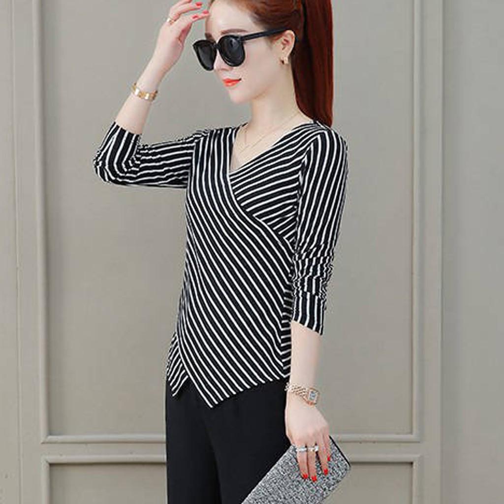 Módní halenka dámská košile s dlouhým rukávem nepravidelného tvaru s proužkovaným výstřihem do V