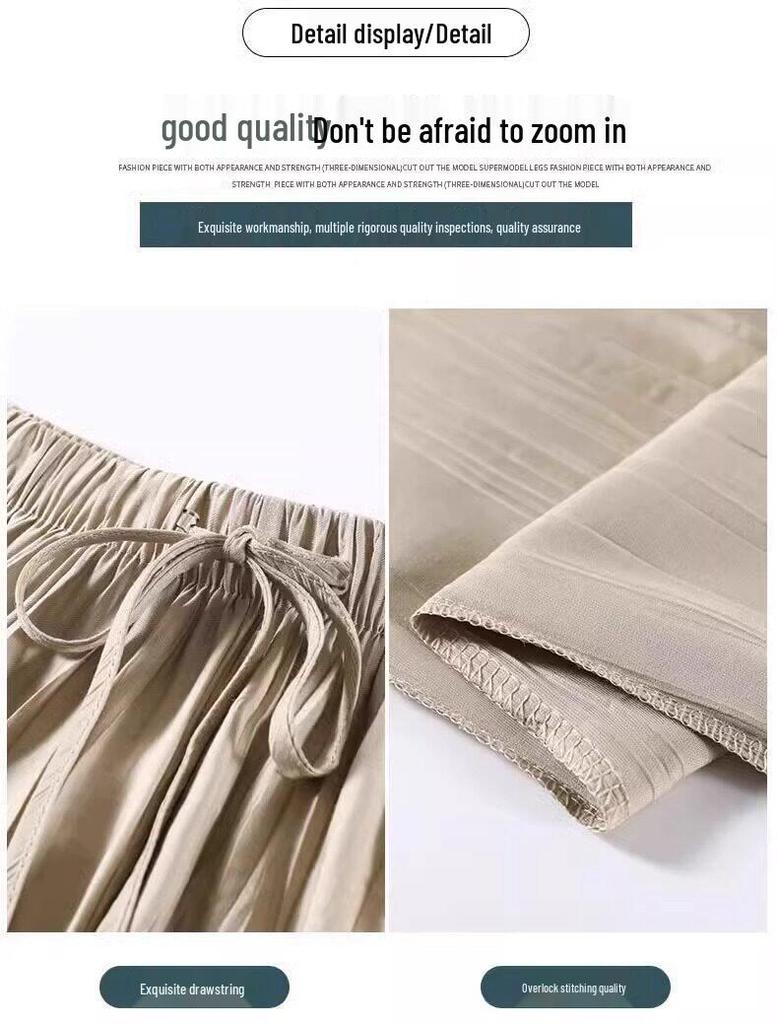 Ice Silk Pleated Wide-Leg Maternity Pants - No Waistband, Petite Fit, Drawstring, Spring/Summer Style