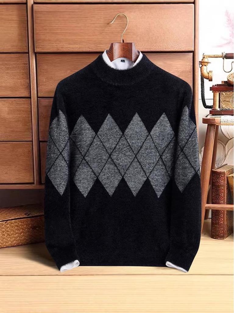 Trendig Vinterstickad Tröja för Herrar 2025 - Tjock Halvhög Krage Jacquardstickad Tröja i Imitationsminkflock