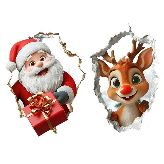 Juleveggklistremerke Realistisk Selvklebende Julenisse Veggdekorasjon 3D Visuell Effekt Tegneserie Elg Klistremerke for Vegger Hjem Stue Lekerom Dekor