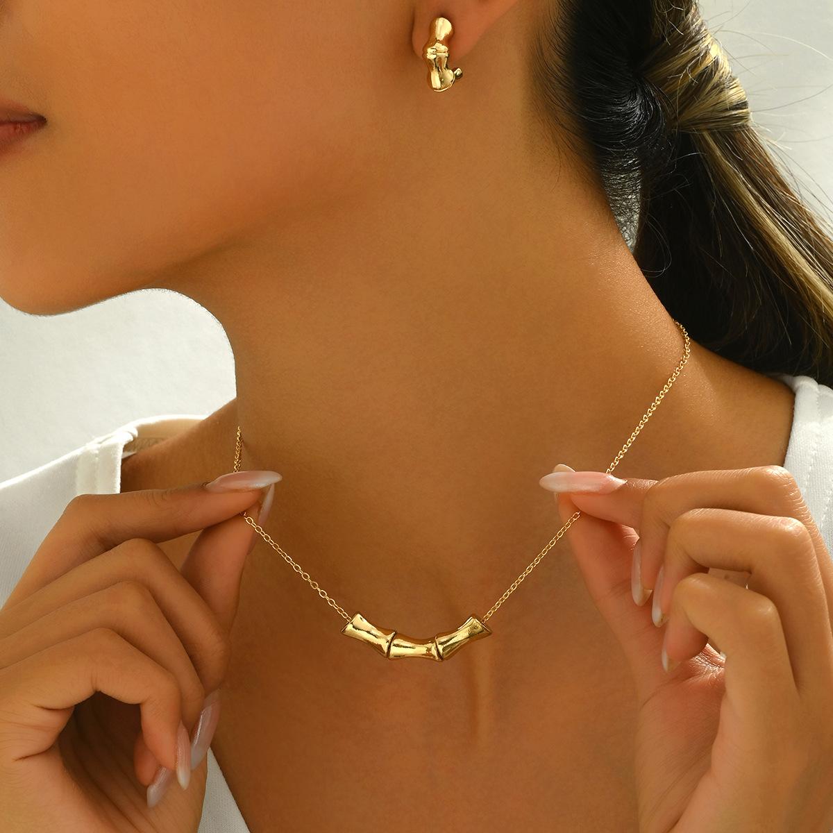 

Простое ожерелье, комплект серег, индивидуальный дизайн с бамбуковым шарниром, серьги-гвоздики, ожерелье, универсальное женское украшение.