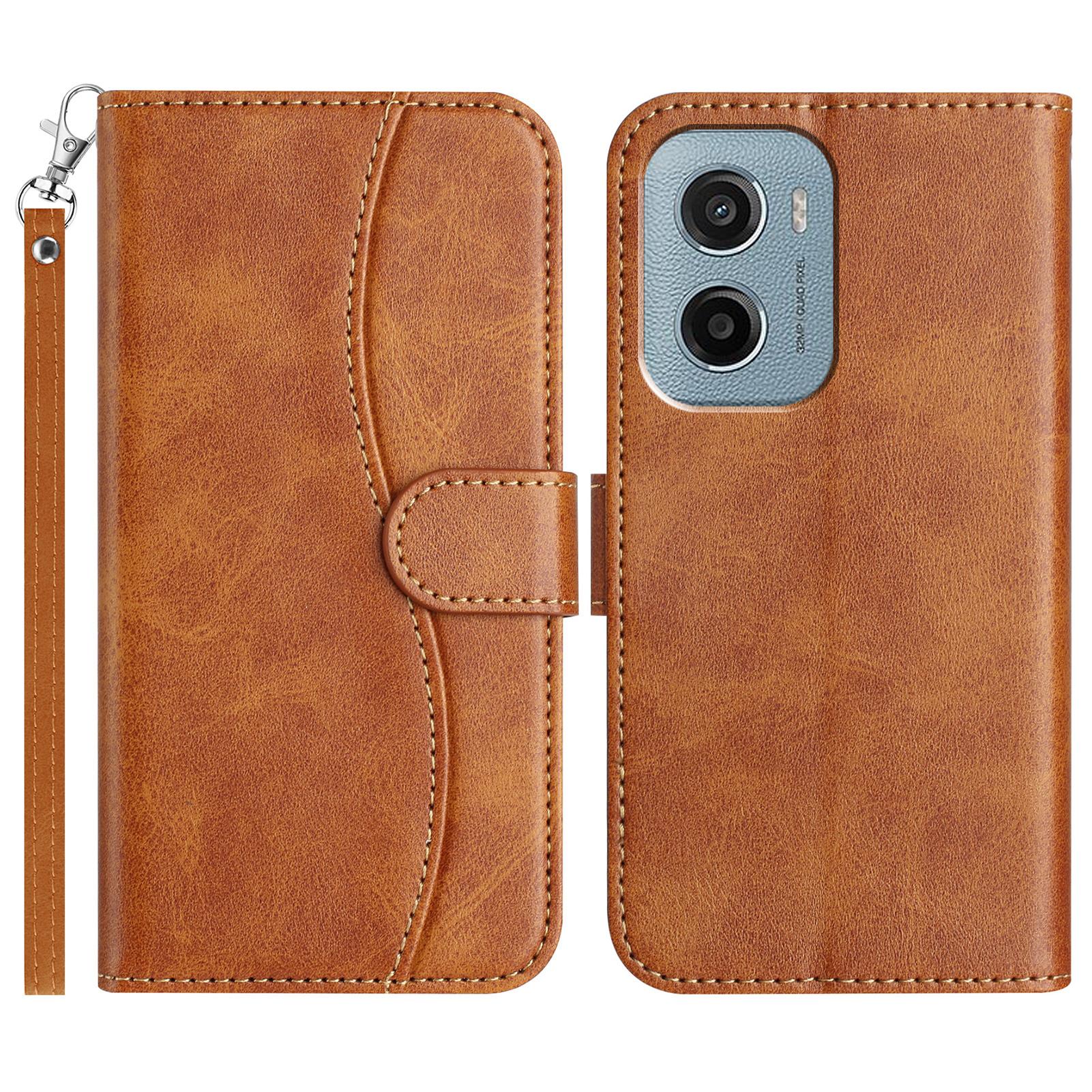 

For Motorola Moto G05 4G/E15 4G Stand Case with Strap PU Leather Wallet Phone Cover S Shape Stitching Design Brown