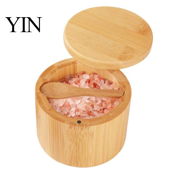 Seasoning Container with Spoon Wood Salt Swivel Magnetic Lid, Built-in Small Cellar for Countertop Jar, Moisture Proof Spice Kitchen Solid Box