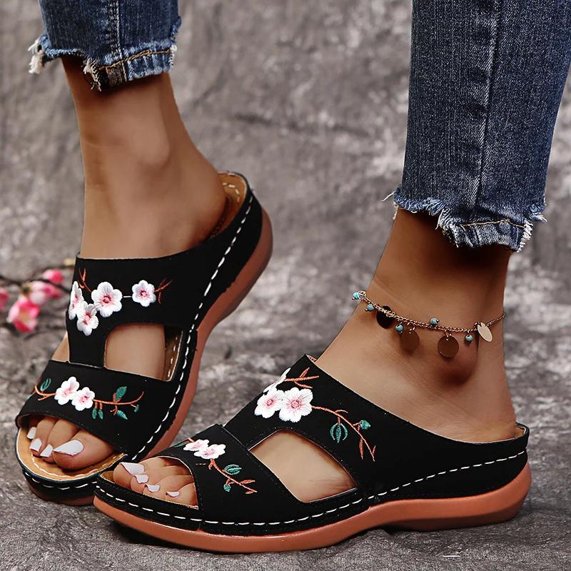 Fashion Rimocy Women's Wedges Slippers Summer 2025 Plus Size 43 Embroidery Sandals Shoes Woman Beach Casual Soft Sole Flip Flops Mujer