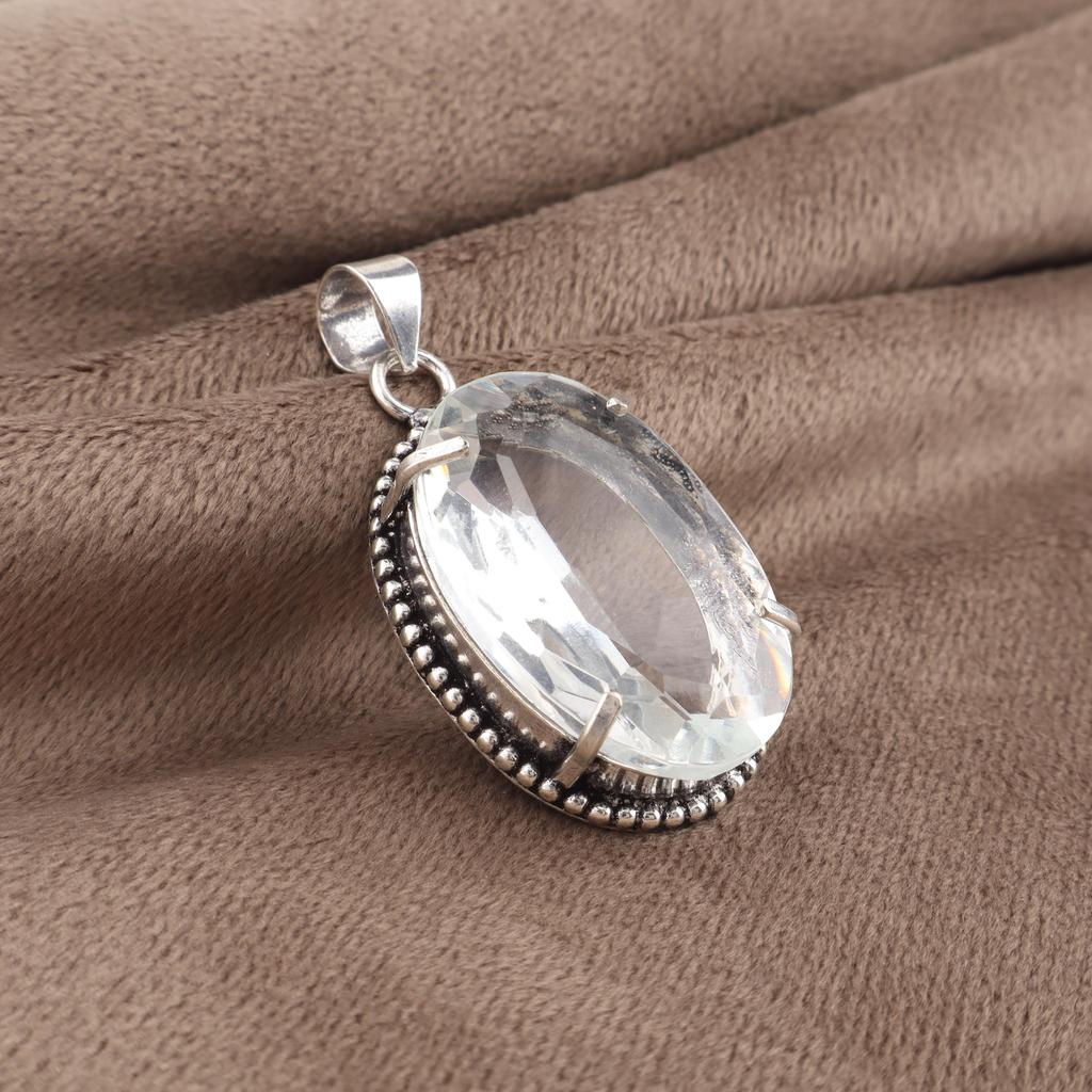 Crystal Quartz Gemstone Silver Pendant 1.75" , 925 Sterling Silver Handmade Jewelry, Women Wedding Pendant PP-63-5