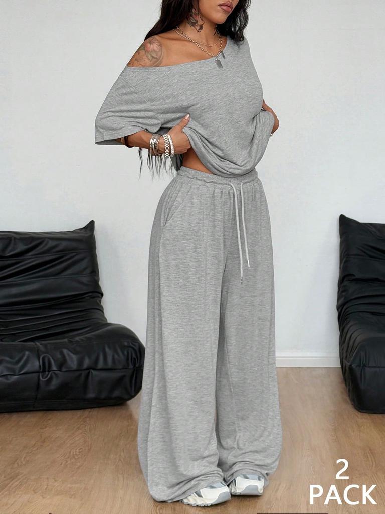 Brown Off Shoulder Short Sleeve Top and Wide Leg Pants Casual Sport Two Piece Set