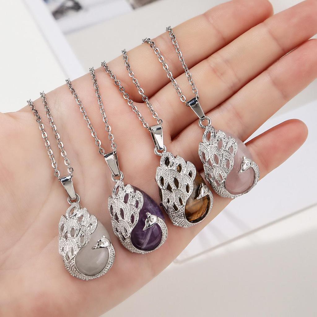 Zhouhang Peacock Necklace with Natural Crystal & Amethyst Pendant
