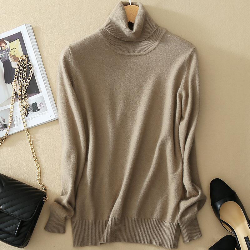 Women's Autumn Winter Korean Style High Neck Knit Sweater Long Sleeve Solid Color Loose Base Layer Pullover