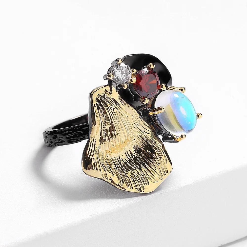 New Fashion Moonstone Ring for Women's 925 Silver Plated Black Gold Red Zircon Ring Jewelry Elegant Party Bridal Jewelry Ring