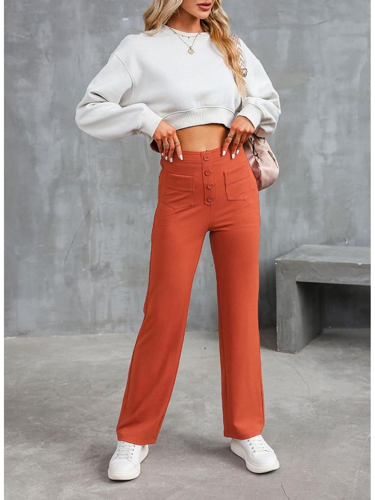 2024 Fashion Women's High-Waist Casual Straight Pants with Elastic Belt and Multiple Pockets