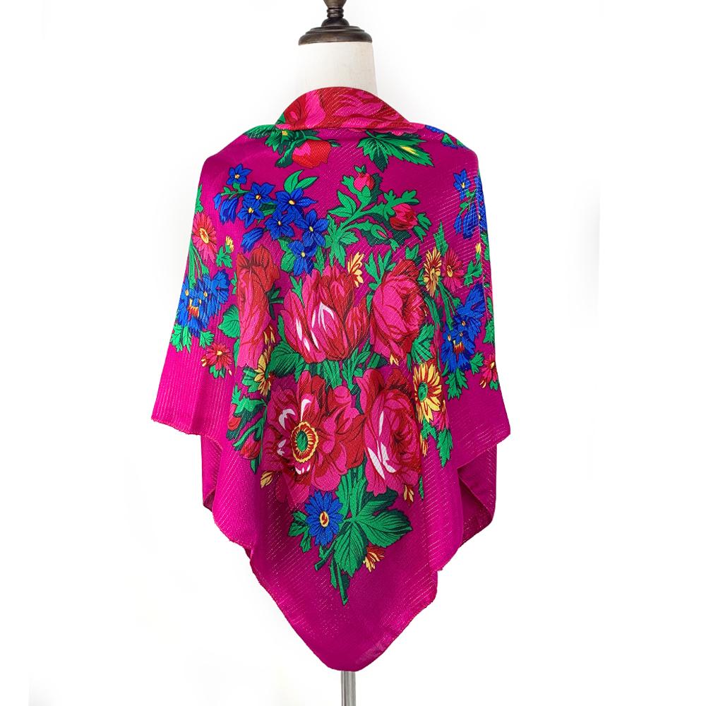 110*110Cm Golden Silvery Wire Russian Square Scarf Women Luxury Floral Print Handkerchief Ethnic Shawl Babushka Bandana Scarves