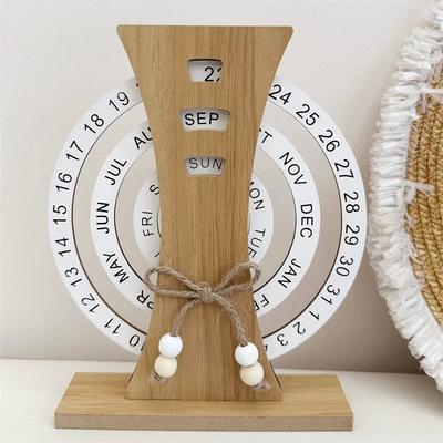 Kreativer DIY Holz Ewiger Kalender Drehbare Zeiterfassungskarte Wiederverwendbarer Scheibenkalender Ästhetische Schreibtischdeko Holzkalender