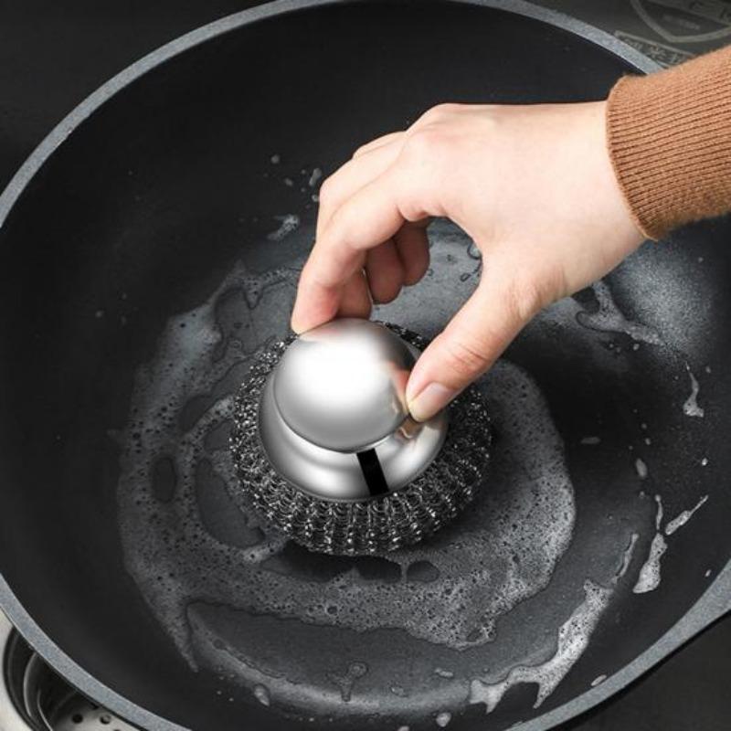 Nerezový kartáč na hrnce s vyměnitelnými skvrnami od oleje a rzi, drátěná hlava, ergonomická rukojeť, kuchyňský drátěný kartáč