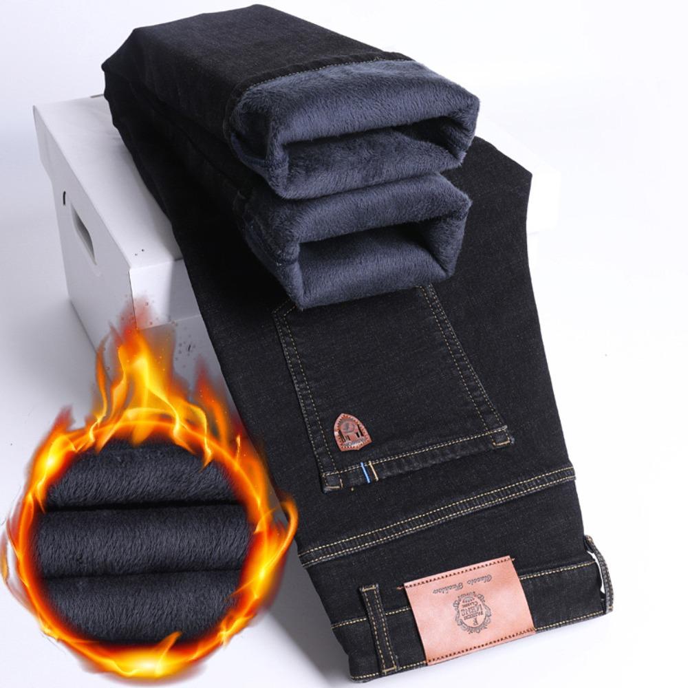 Winter Fleece Thick Jeans Men Business Casual Straight Trousers Male Classic Blue Black Jeans For Men Work Denim Man Pants